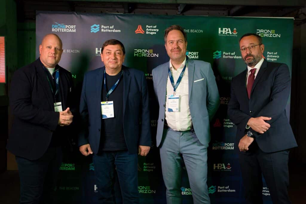 Photo: (From left to right) Arthur Dallau (DronePort Rotterdam), Adrian Butnaru (DronePort Rotterdam), Frode Halvorsen (Ocean Autonomy Cluster), and Dimitris Zissos (Aegean University). Mateo Ivanac (Innovamare) was not present when the photo was taken.
